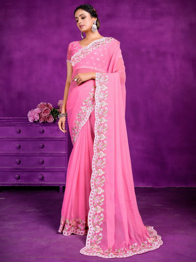 Captivating Pink Lace Work Chiffon Party Wear Saree With Blouse